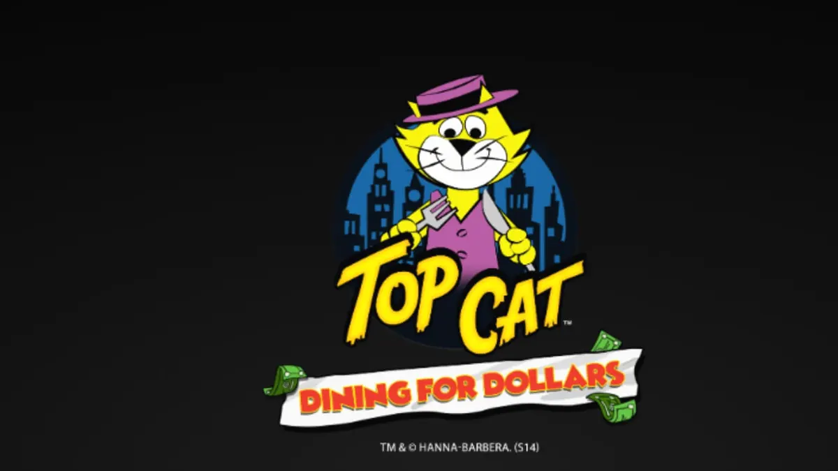 Tampilan visual slot Top Cat Dining For Dollars dengan karakter kucing ikonik di meja makan.